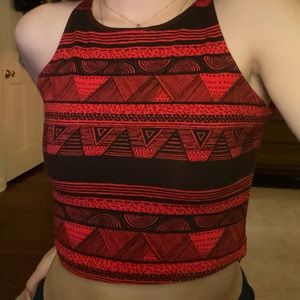 Red cropped tank top with designs